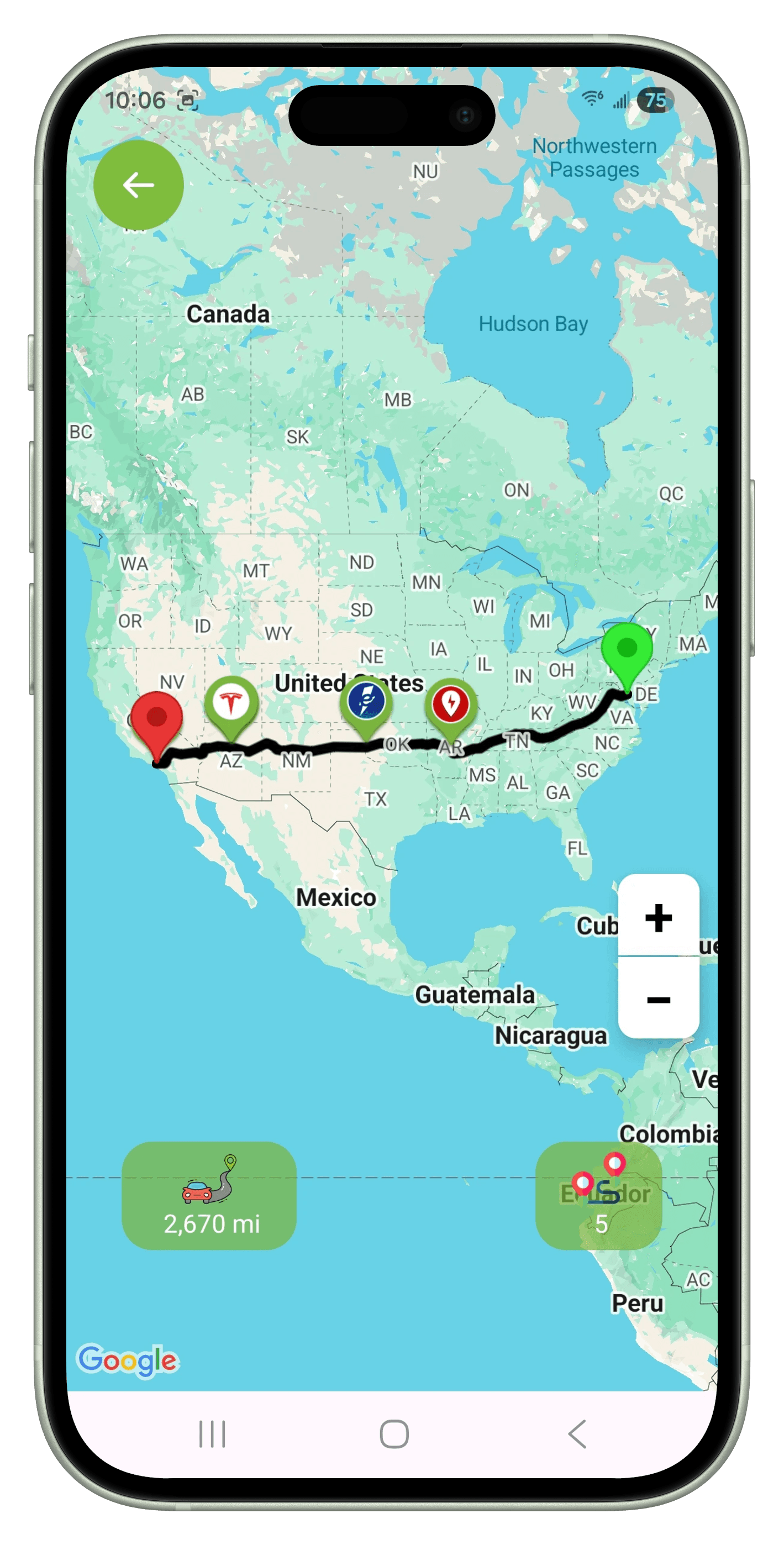 Chargerzilla app route map screen
